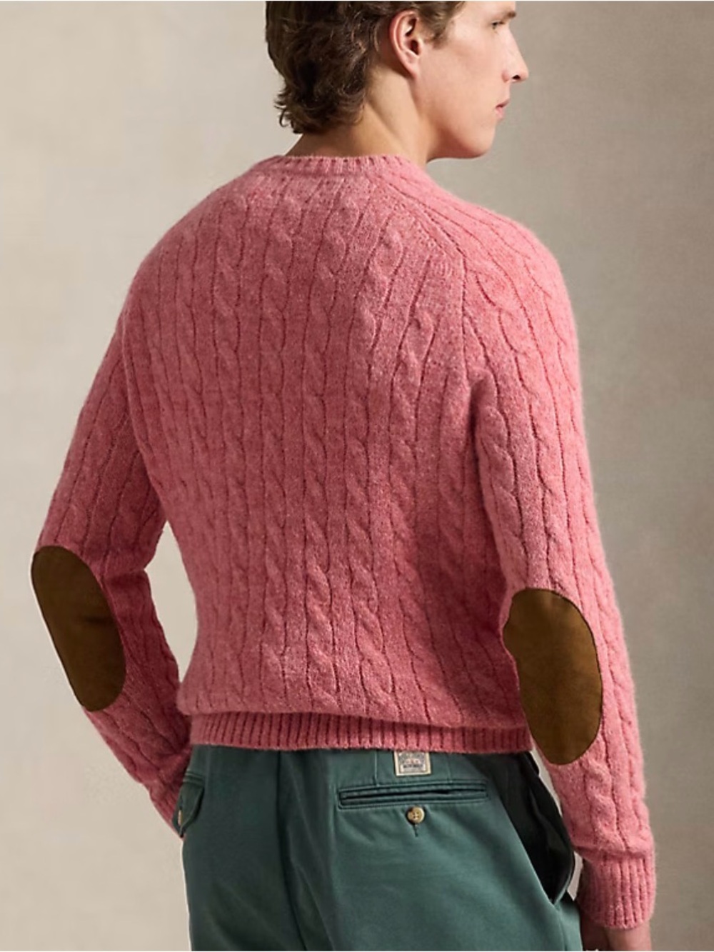 Mens Pink Suede-Patch Cable-Knit Ralph Lauren Sweater - XL